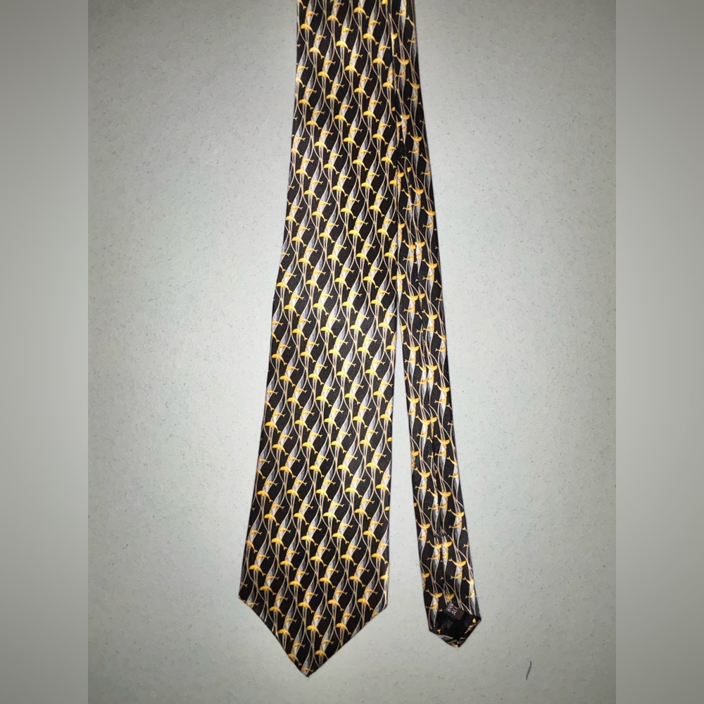 Museum Artifacts Necktie 100% Silk Black Gold Dolphins 56” Tie Wildlife Ocean